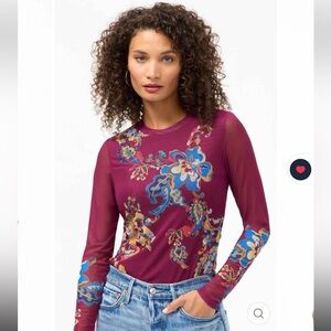 Johnny Was Natalie Long Sleeve Mesh Top Vista Pacifico Floral Red Size Small NWT